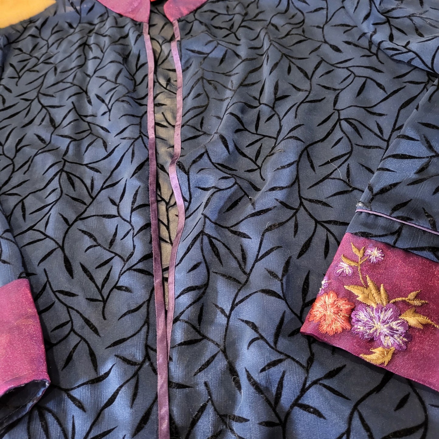 Blue Sheer Botanical Patterned Mandarin Collar Chinese Purple Embroidered Cuffs