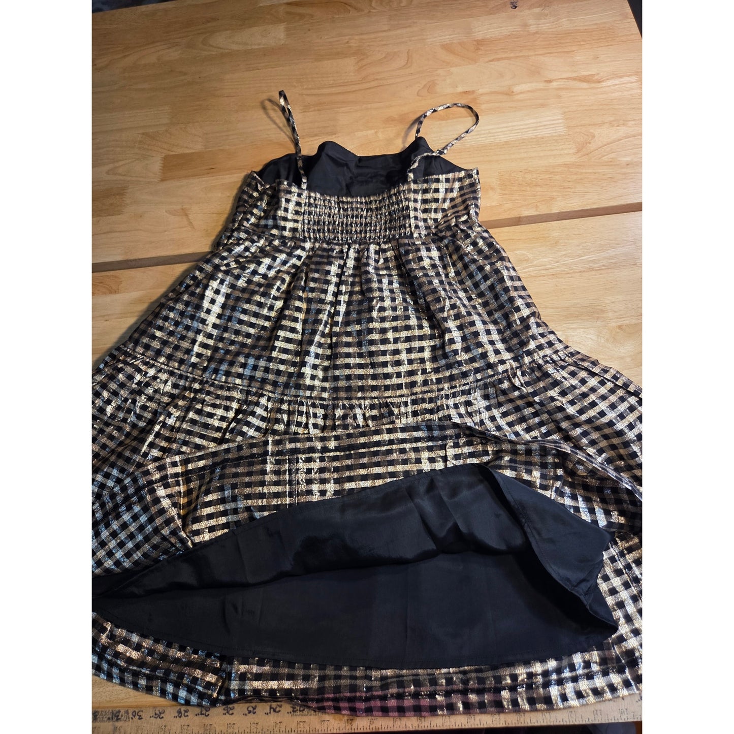 J. Crew Holiday Dress Gold Black Gingham Print Elastic Spaghetti Strap 8
