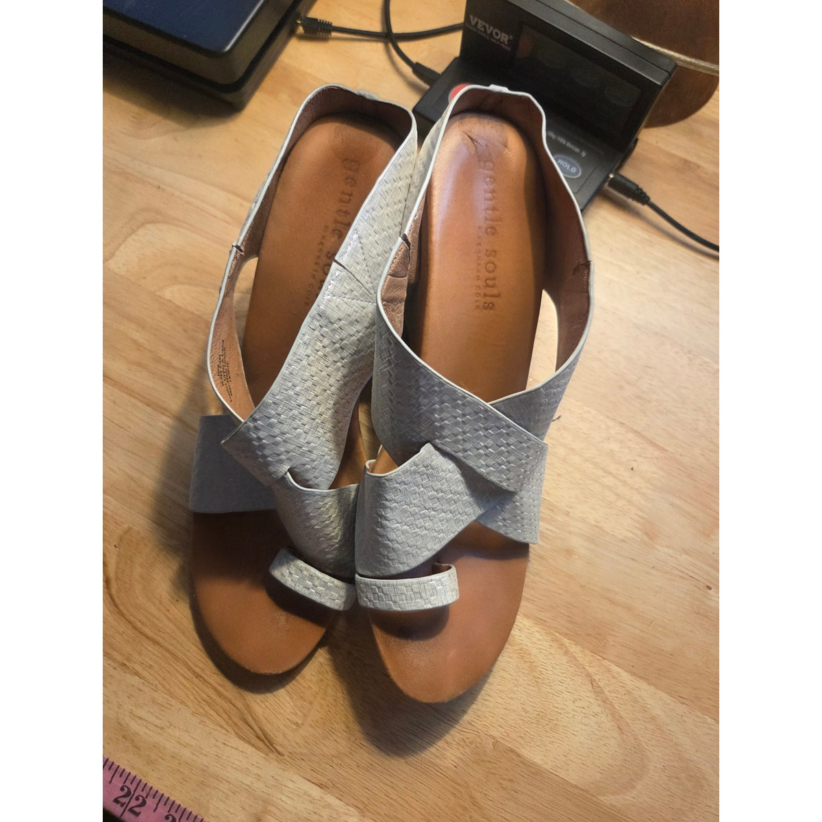 Gentle Souls white iridescent leather cross strap wedge sandals 9 and 1/2