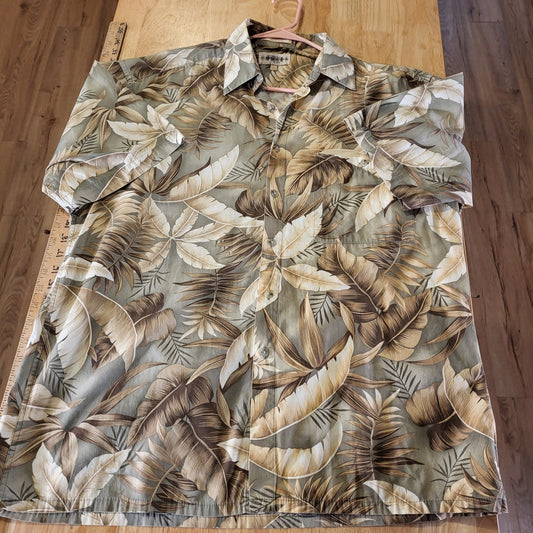 Campia Moda 100% Cotton Size L. Botanical Print Green Short Sleeve Button Down