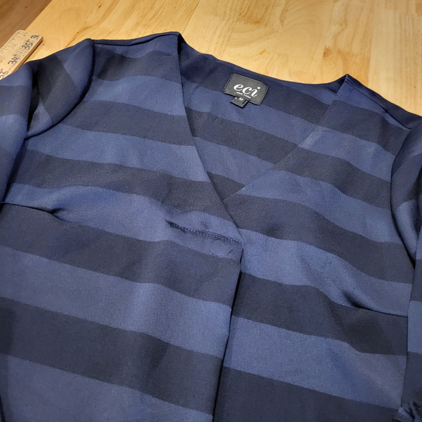 Eci New York Satin Blue Striped Knee Length Dress Pockets 20" P2P Medium