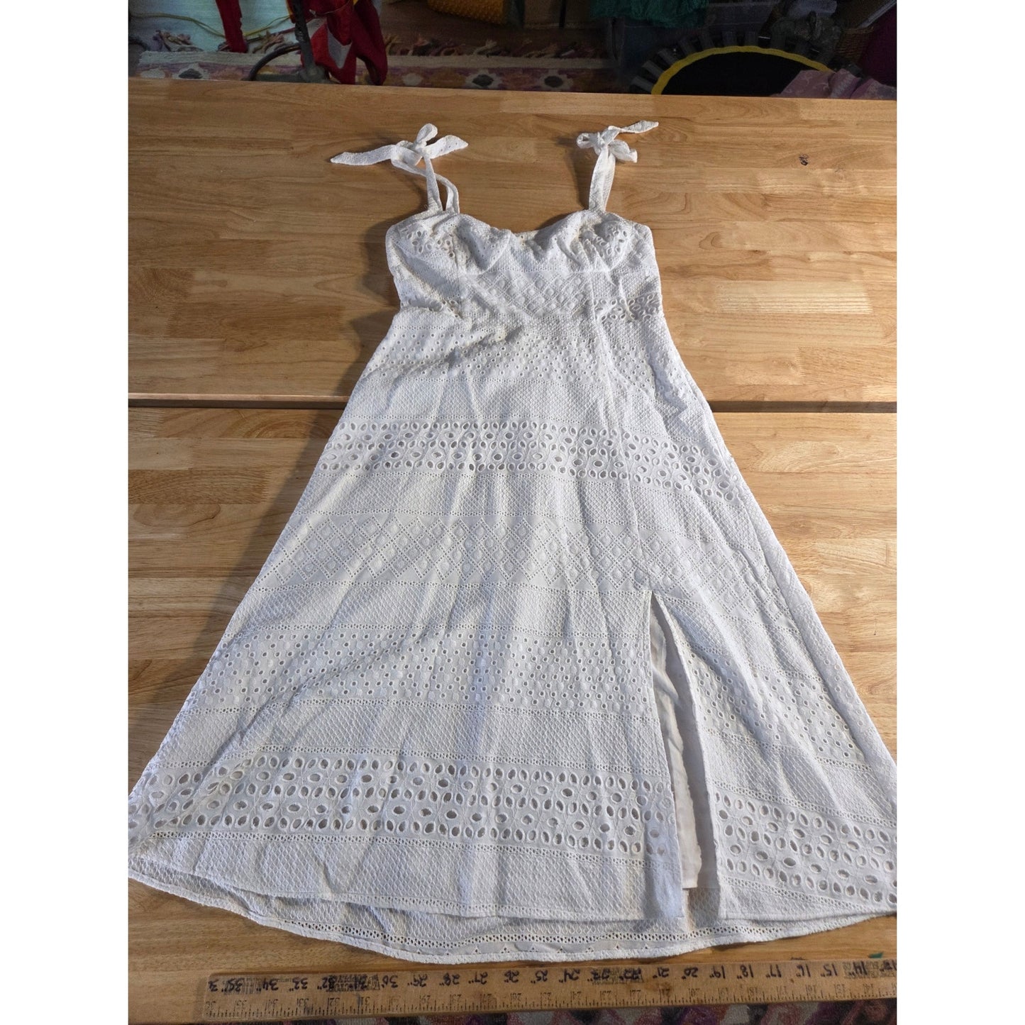 Steve Madden White Rayon Eyelet Tie Strap Summer Dress Elastic Sheered Back 8