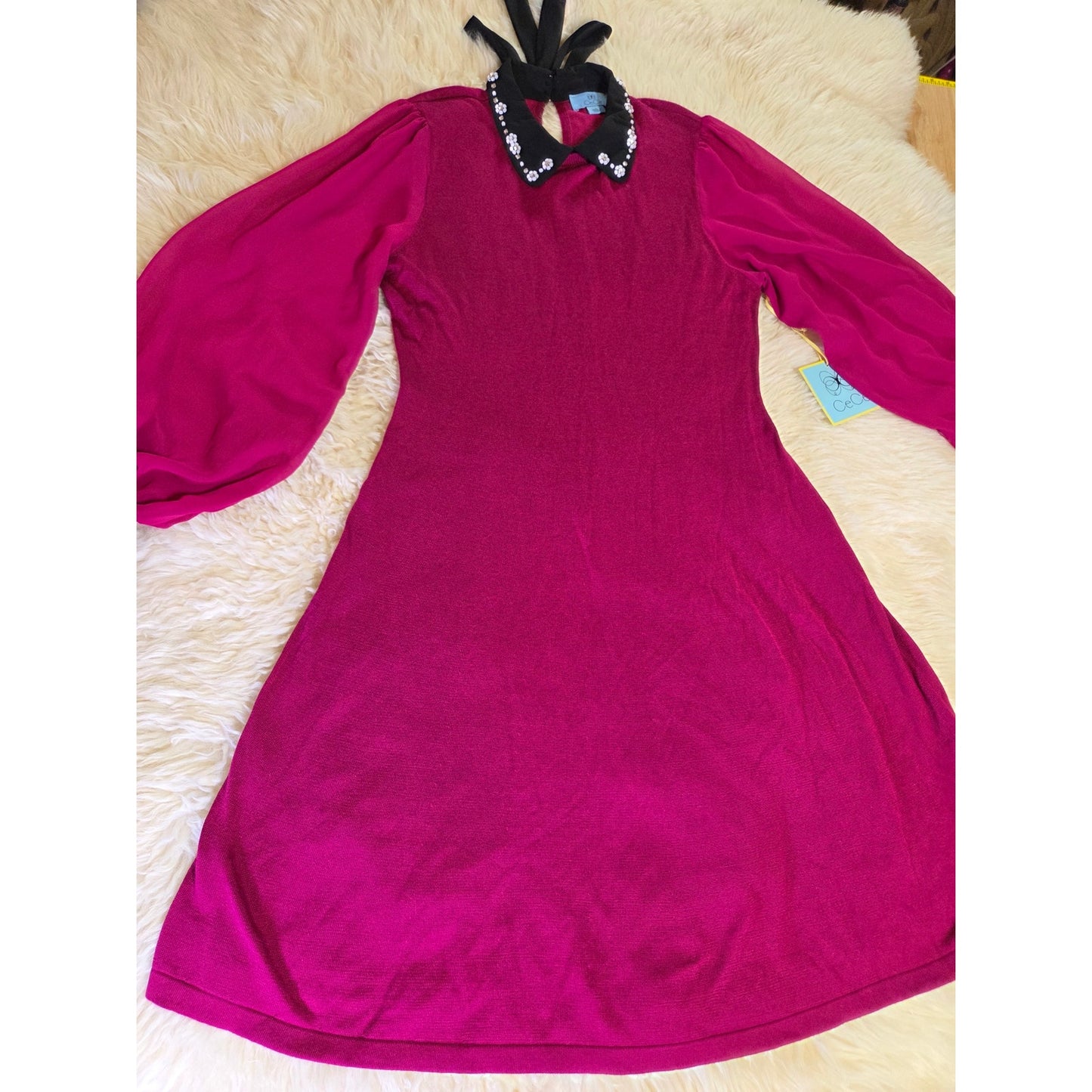 NWT Cece Pink fuchsia magenta sweater dress rhinestone Peter Pan collar