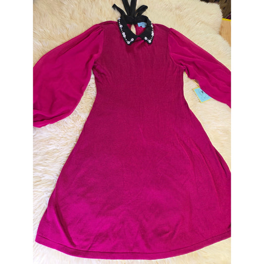 NWT Cece Pink fuchsia magenta sweater dress rhinestone Peter Pan collar
