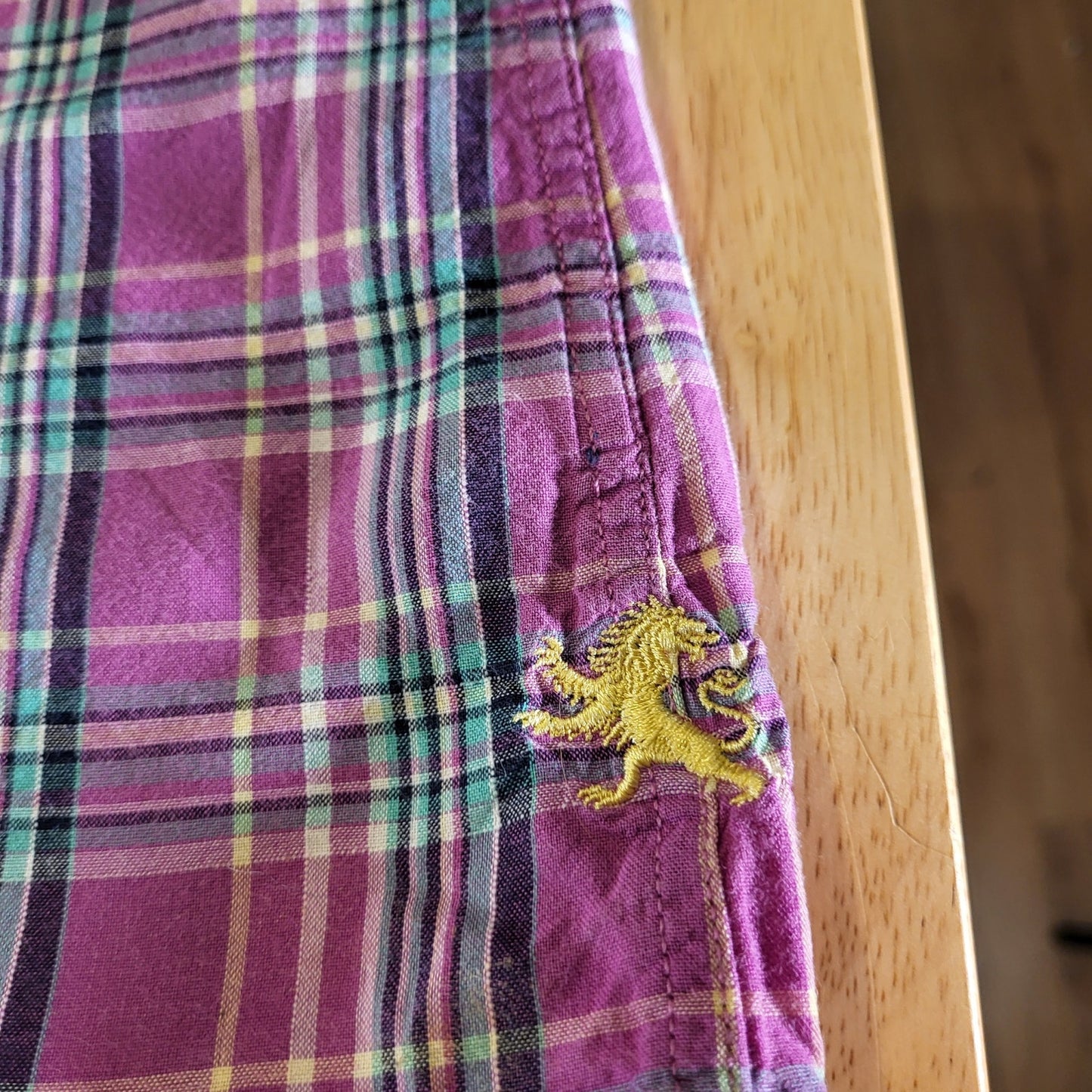 Express Purple Tartan Plaid Short Sleeve Pearl Snap Collared Button Down M