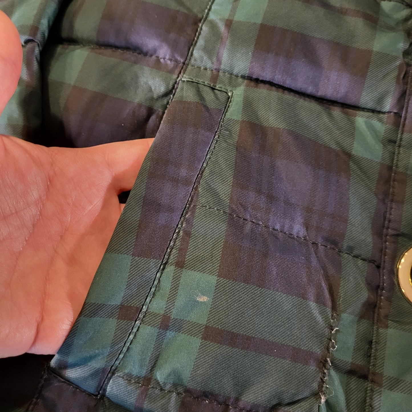 Charter Club Blue Green Plaid Puffer Coat Gold Closures (See slight damage)