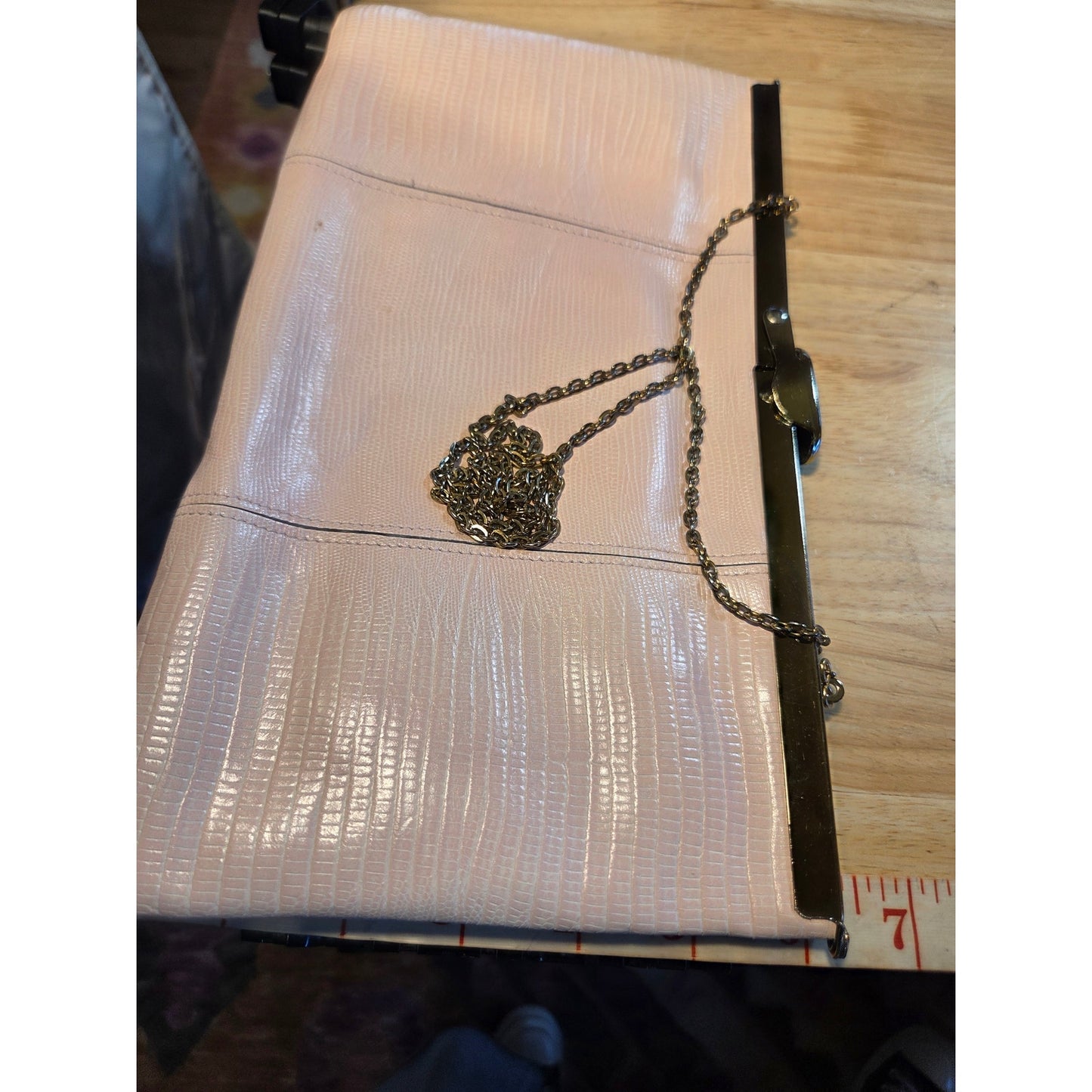 Genuine vintage baby pink snake skin clutch gold Hardware orange Lined