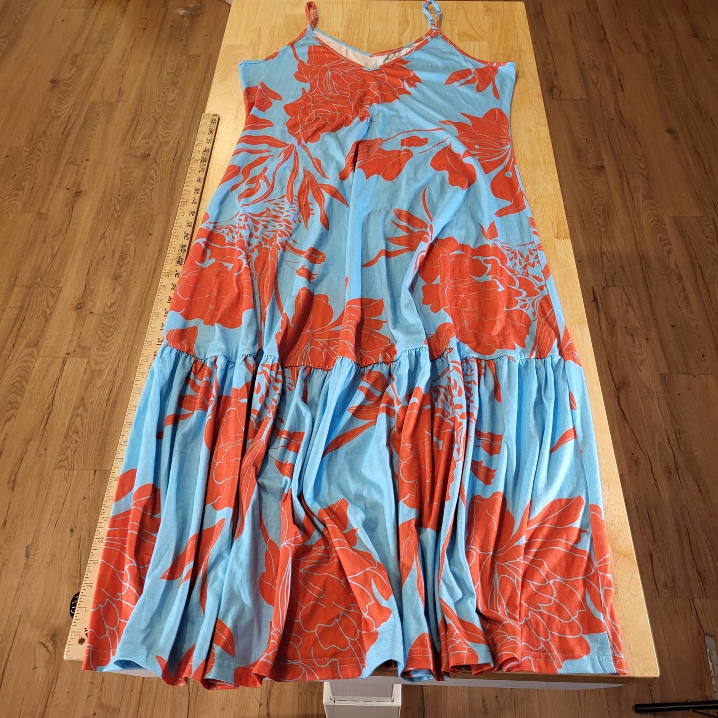 Noracora Orange Blue Floral Jersey Maxi Spaghetti Strap Dress Adjustable XL