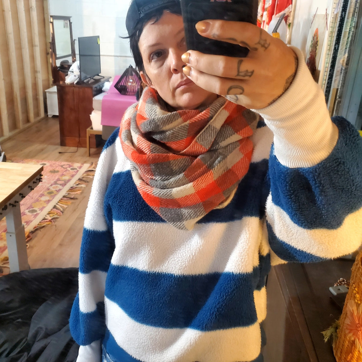 Orange and gray plaid knit infinity scarf acrylic