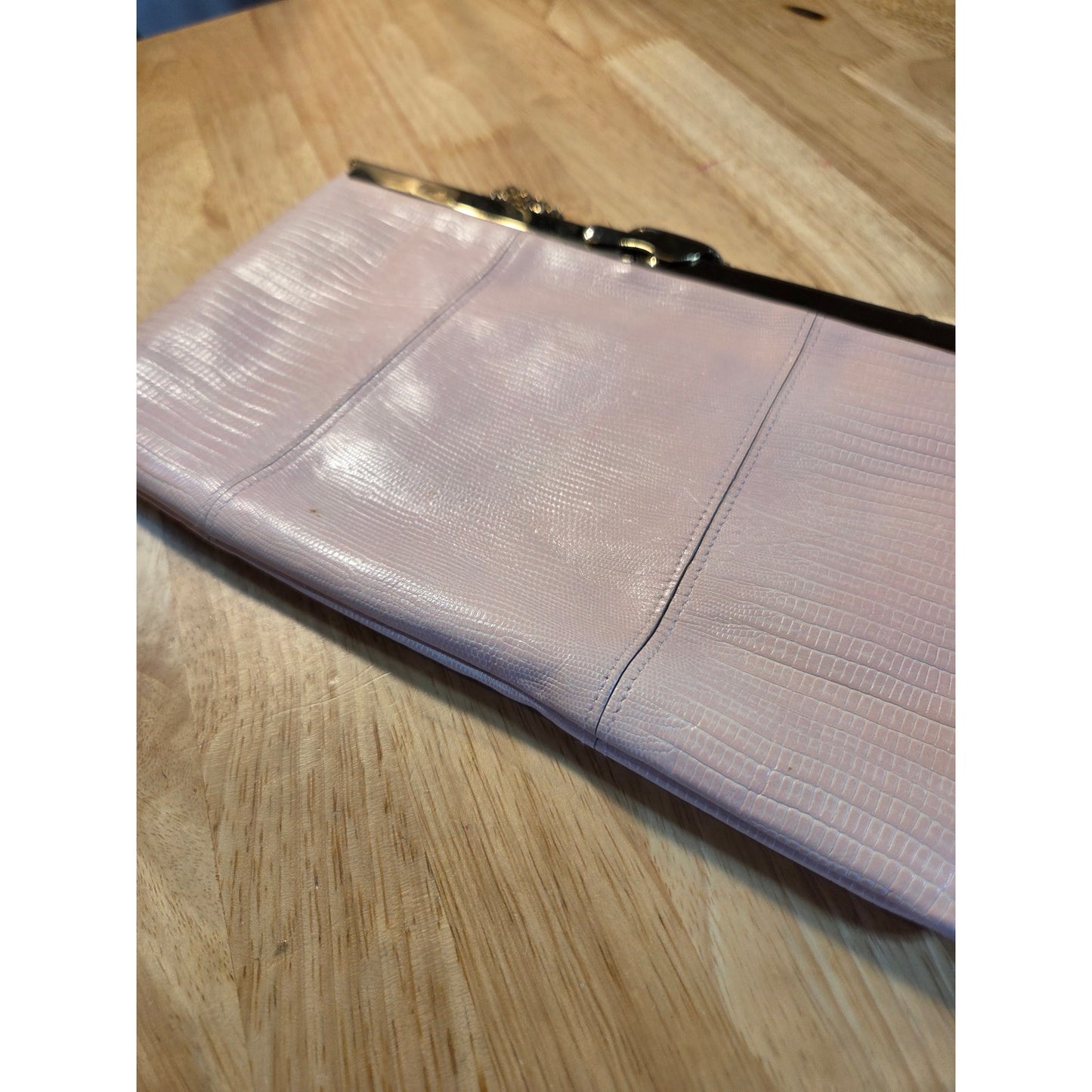 Genuine vintage baby pink snake skin clutch gold Hardware orange Lined