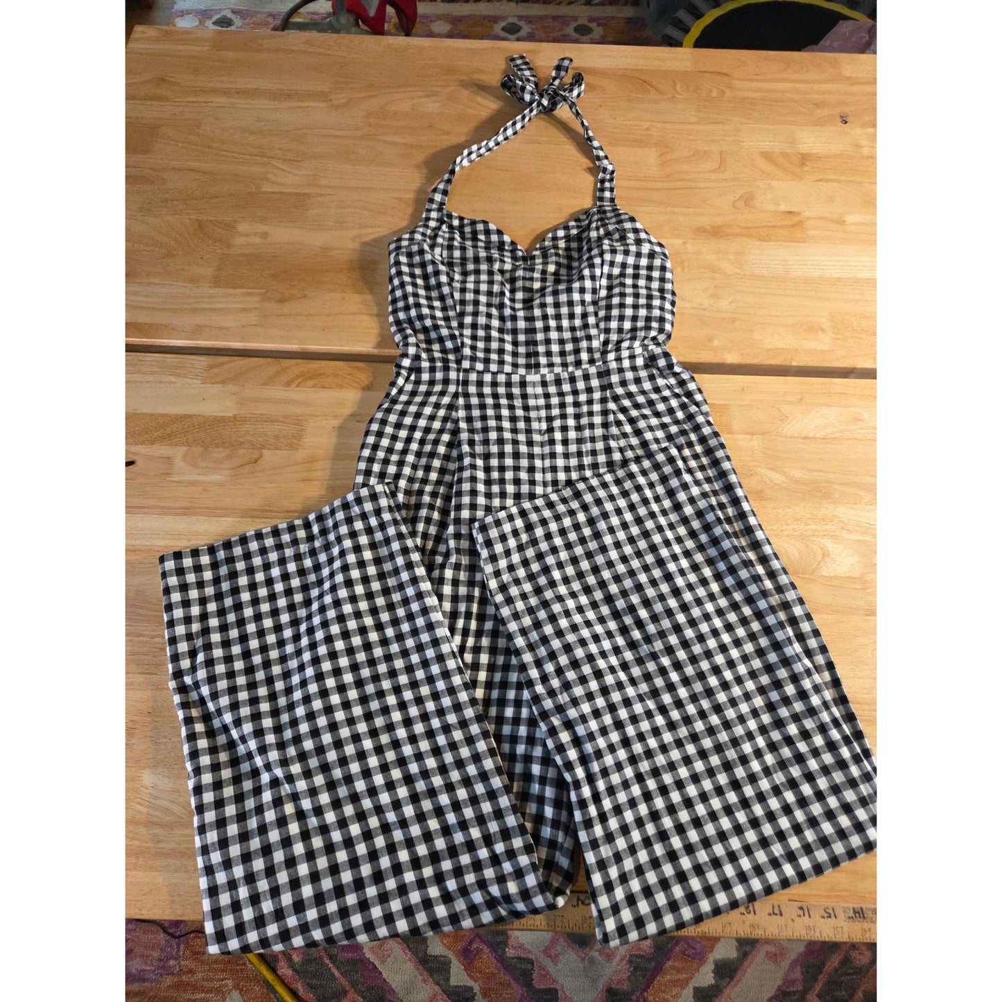 Boston Proper Black & White Gingham Sleeveless Princess Neckline Linen Jumpsuit