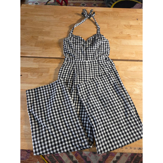 Boston Proper Black & White Gingham Sleeveless Princess Neckline Linen Jumpsuit