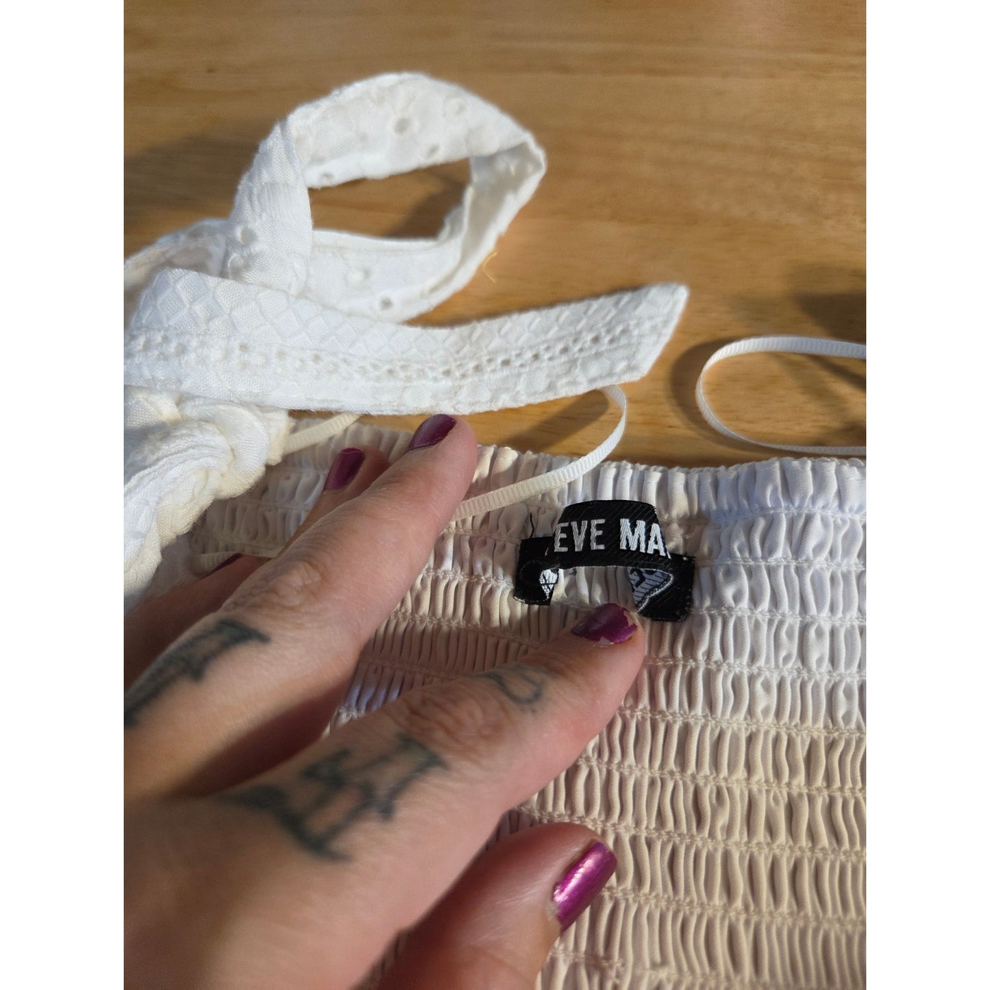 Steve Madden White Rayon Eyelet Tie Strap Summer Dress Elastic Sheered Back 8
