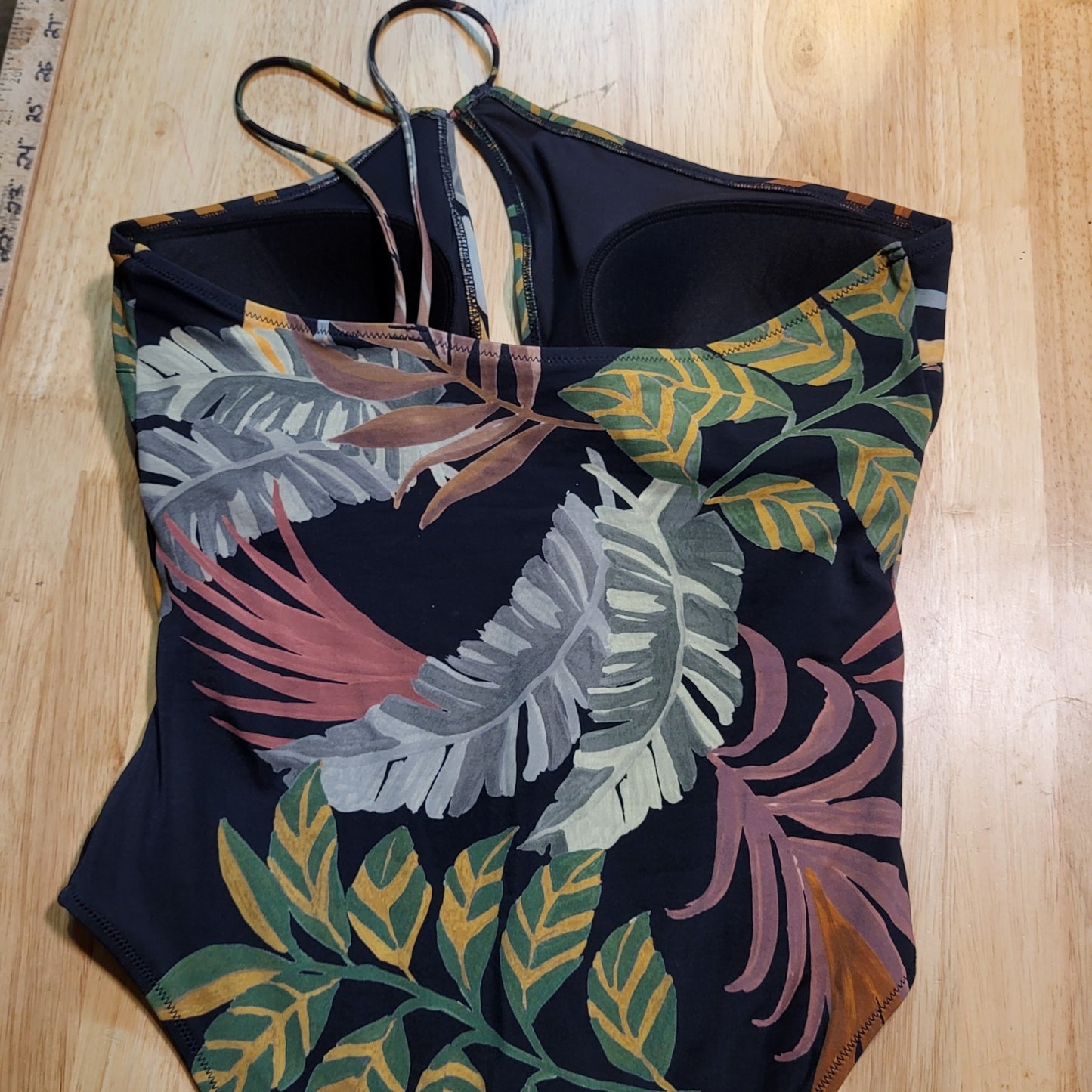 Size 14 Berry Color Floral Botanical One Piece Bathing Suit Side Shoulder Strap