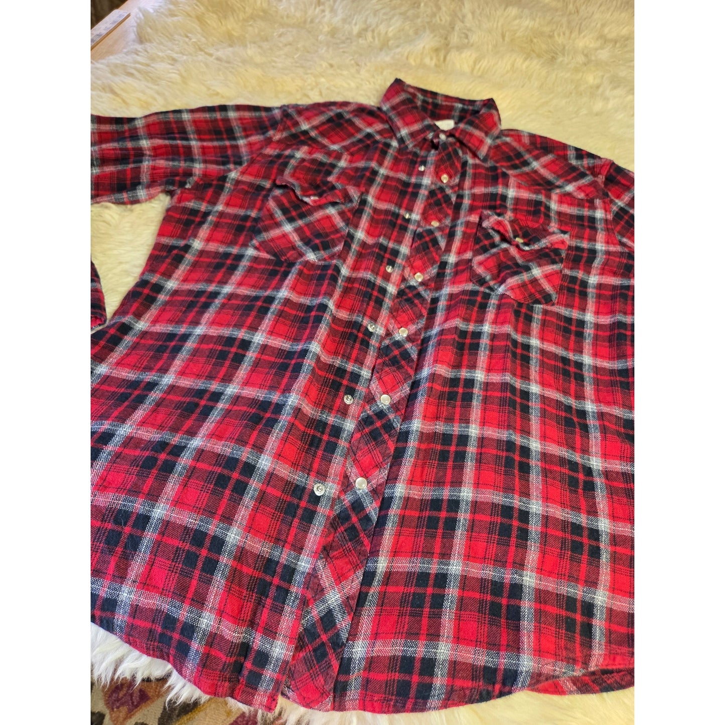 Wrangler Vintage Red Plaid Pearl Snap Western Collared Shirt 100% Cotton Large