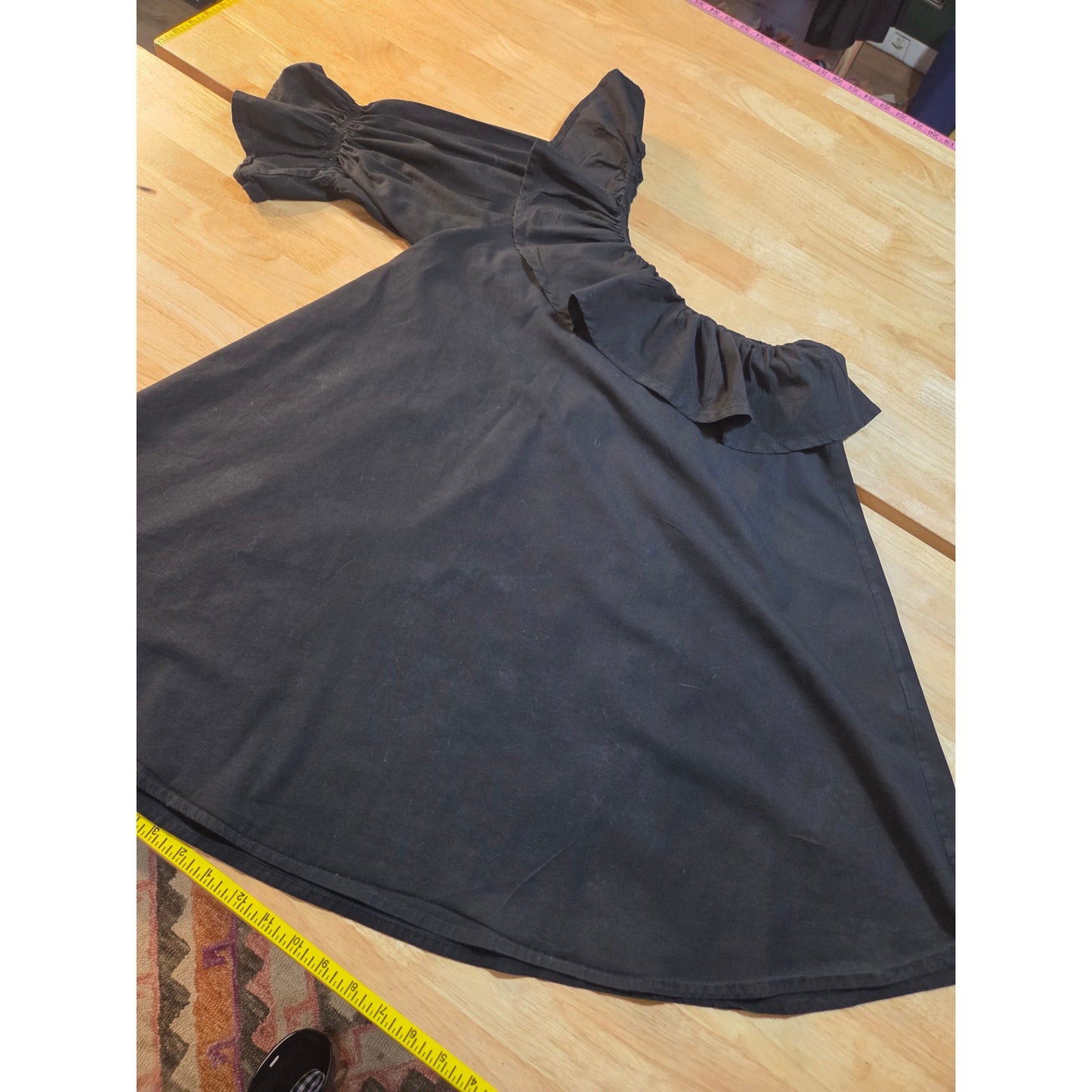 Boohoo 100% cotton black one shoulder ruffle A-line dress
