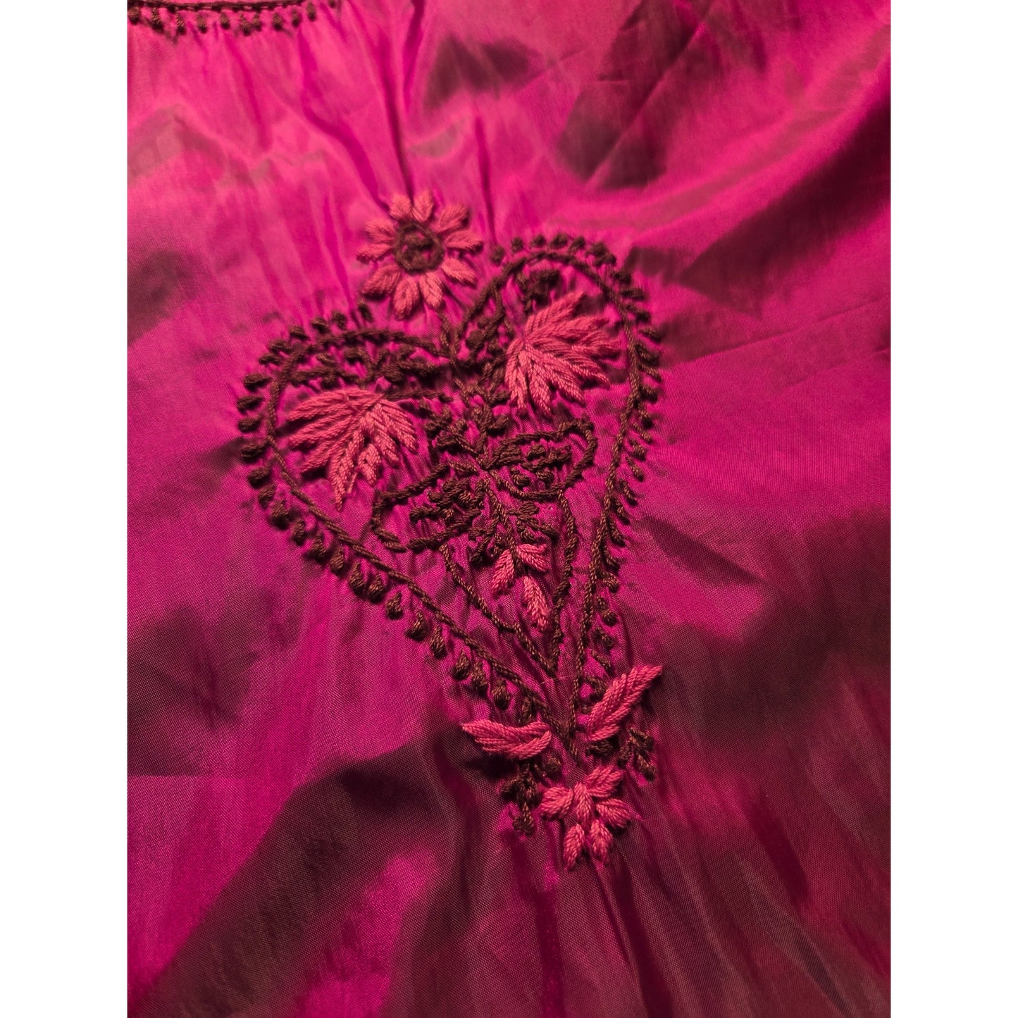 Satin hand Embroidered Iridescent Pink Heart Floral Motif Large Long Sleeve