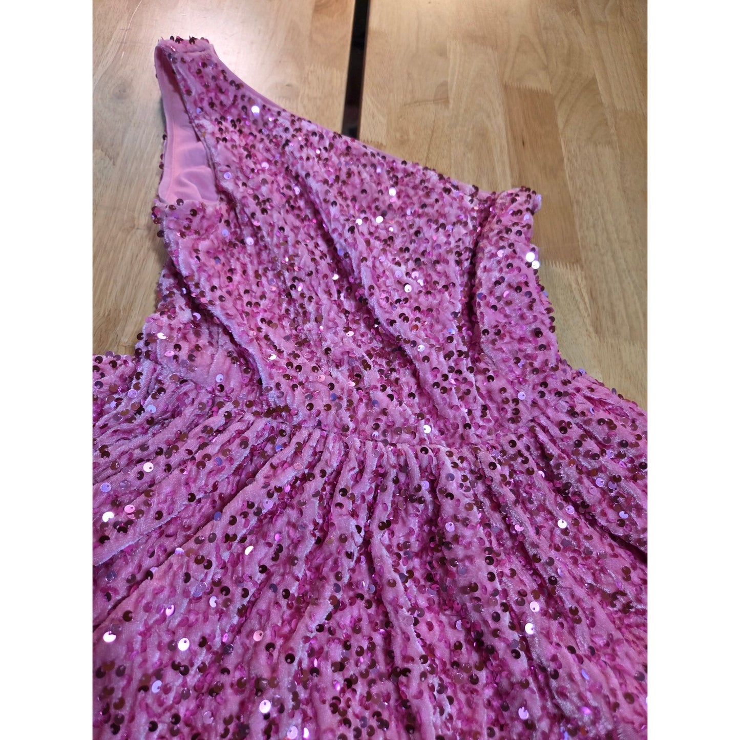 Faeriesty 1 shoulder Skater Mini Dress Elastic Waist Pink Velvet Sequin