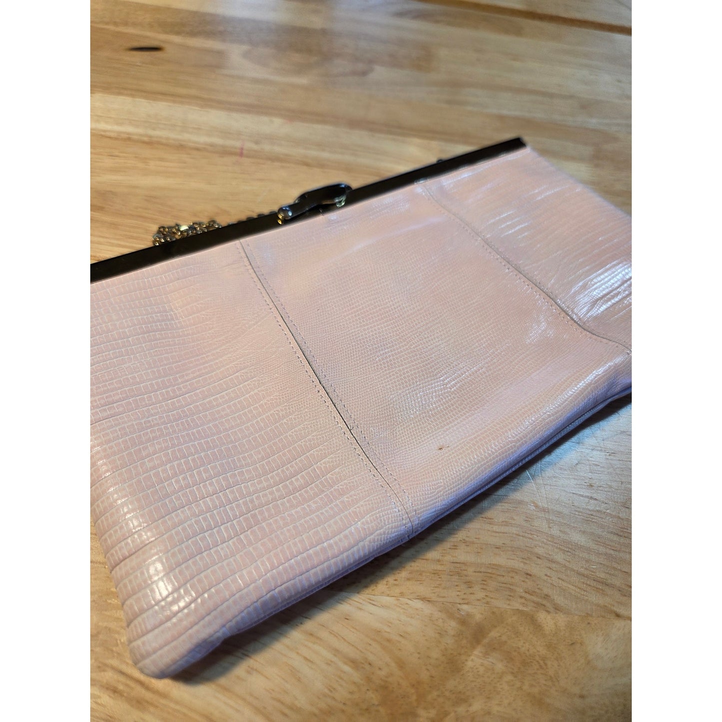 Genuine vintage baby pink snake skin clutch gold Hardware orange Lined