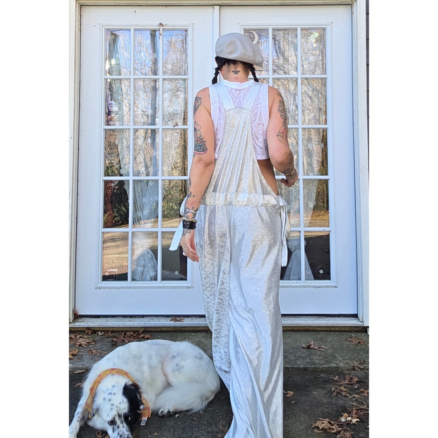 Douf. Silver stretch wide leg raver overalls adjustable One Size 1 of 1 Handmade
