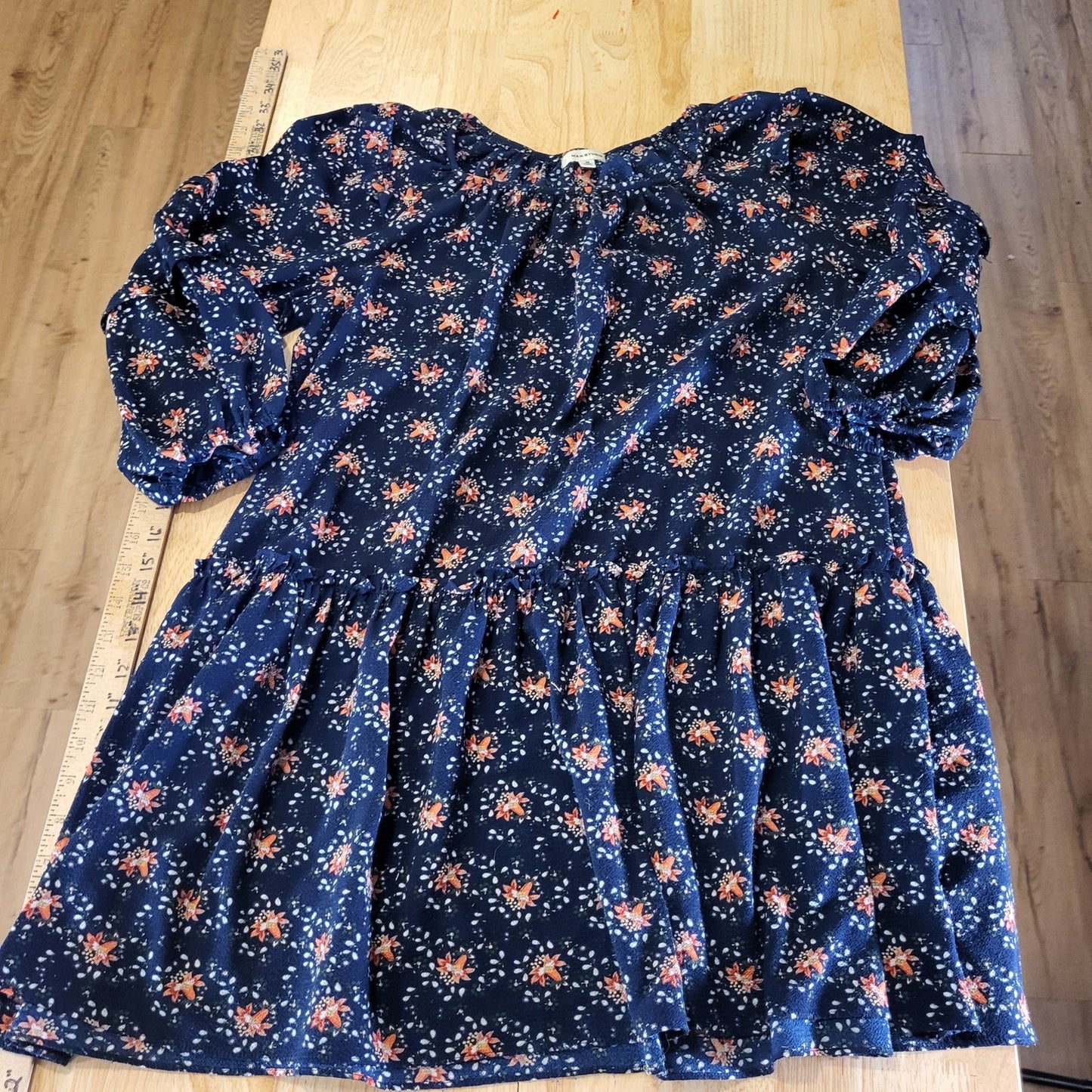 Max Studios Blue Floral Long Sleeve Mini Dress Tiered Ruffle Medium