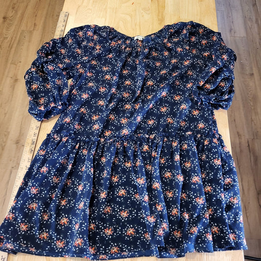 Max Studios Blue Floral Long Sleeve Mini Dress Tiered Ruffle Medium