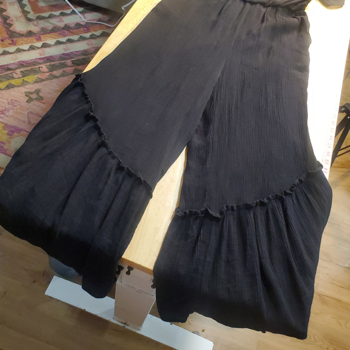 Lush Black Balloon Ruffle Hem Billowy Jumpsuit 30" Elastic Waist Wide Leg 28"