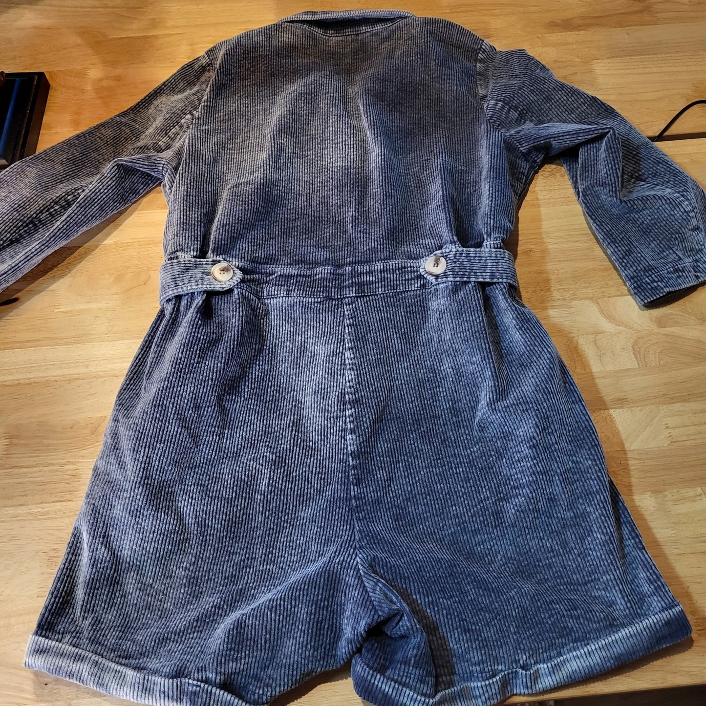POL Blue Corduroy Long Sleeve Button Front Shorts Jumpsuit Elastic Waist Zip