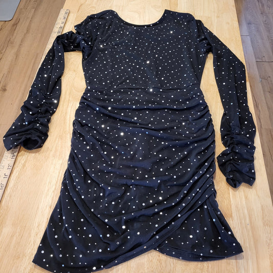 Black Jersey Knit Stretch Backless Long Sleeve Mini Dress Silver Metallic Dots