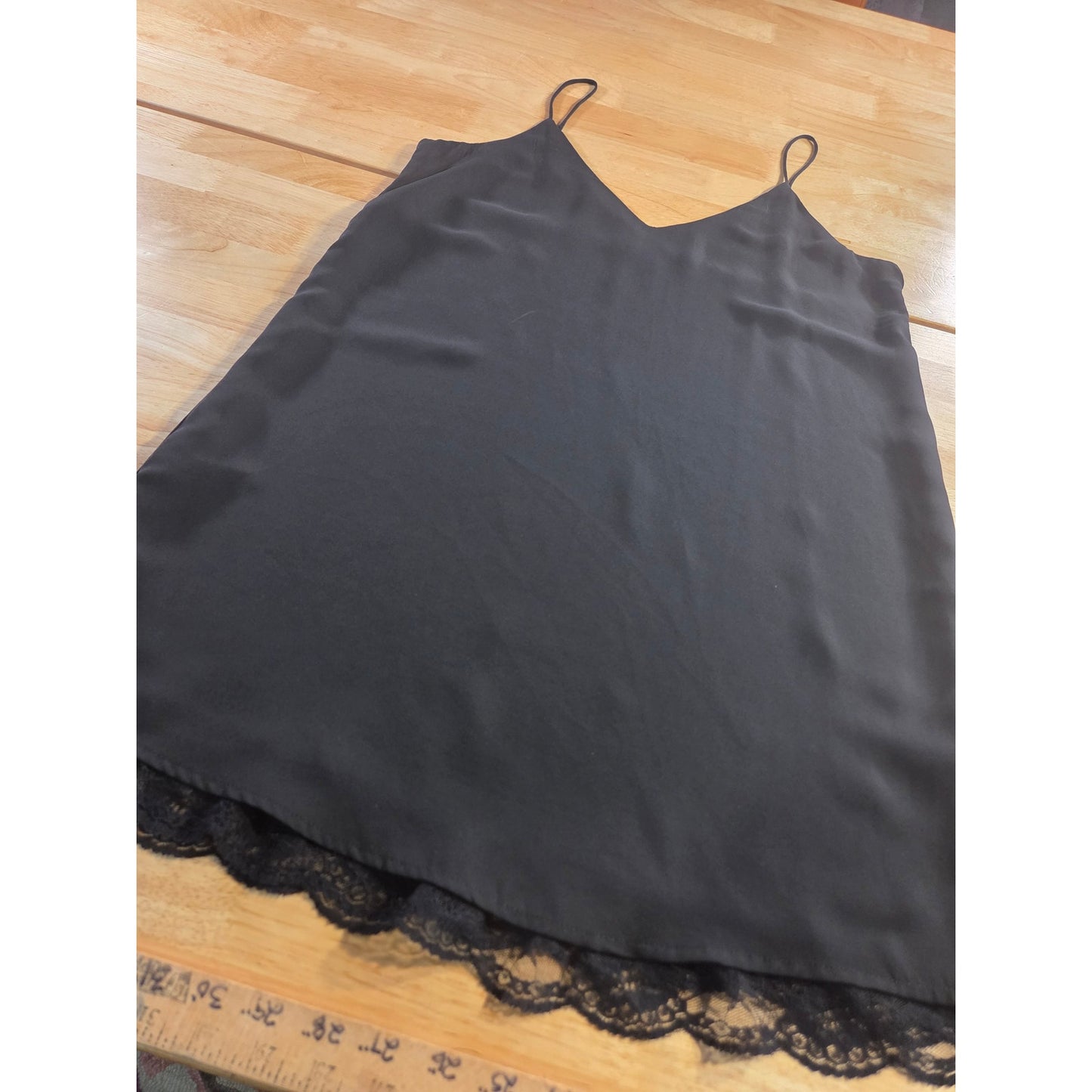 Forever 21 Black Spaghetti Strap Slip Dress Lace Hem Size Small Polyester