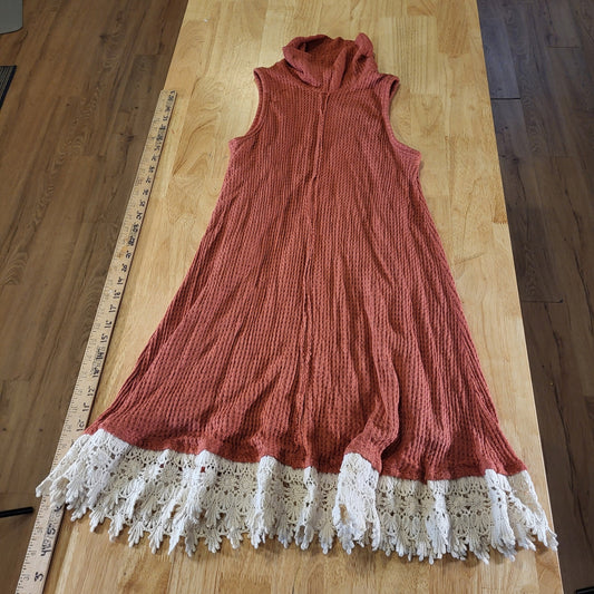 Altar'd State Waffle Knit Orange Rust Sleeveless Knee Turtle Neck Dress Lace Hem