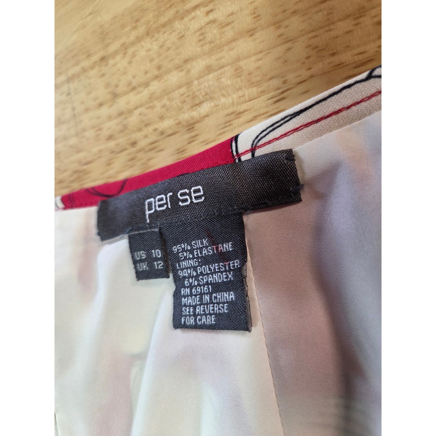 Per Se silk A-line skirt red black white geometric abstract  invisible zipper 8