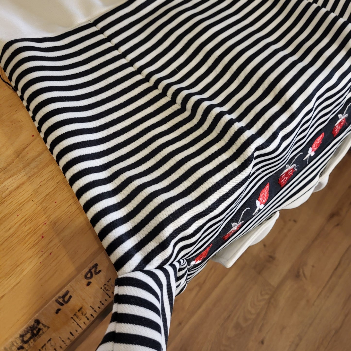 Vintage Polyester Black White Striped Strawberry Collared Short Sleeve