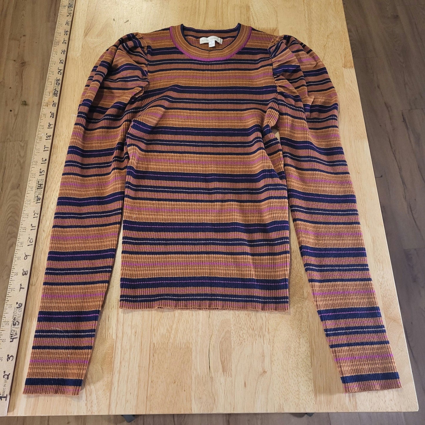 Flying Tomato Retro Orange Purple Striped Sweater Puff Long Sleeve Viscose Large