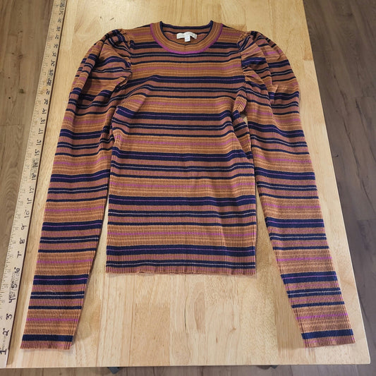 Flying Tomato Retro Orange Purple Striped Sweater Puff Long Sleeve Viscose Large