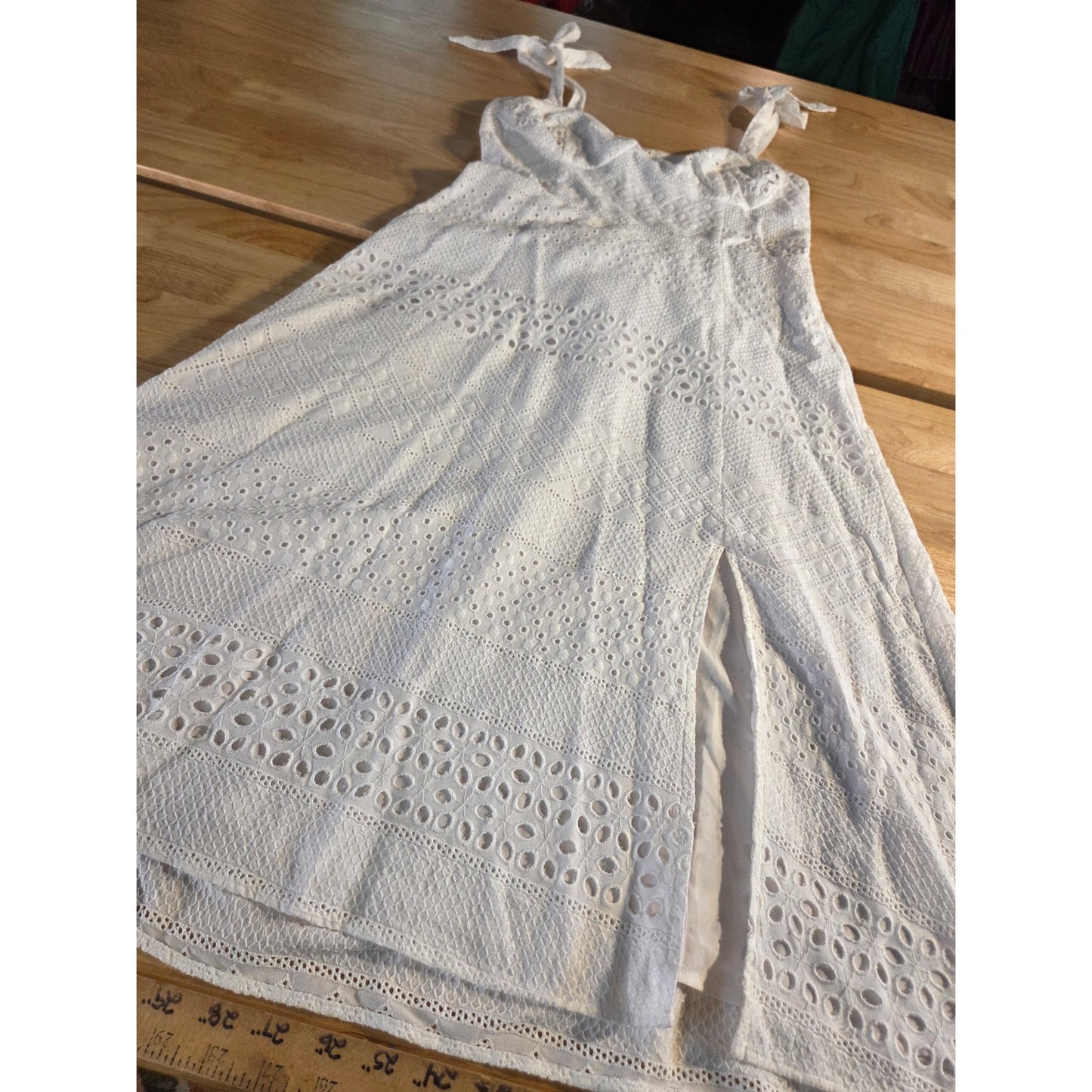Steve Madden White Rayon Eyelet Tie Strap Summer Dress Elastic Sheered Back 8