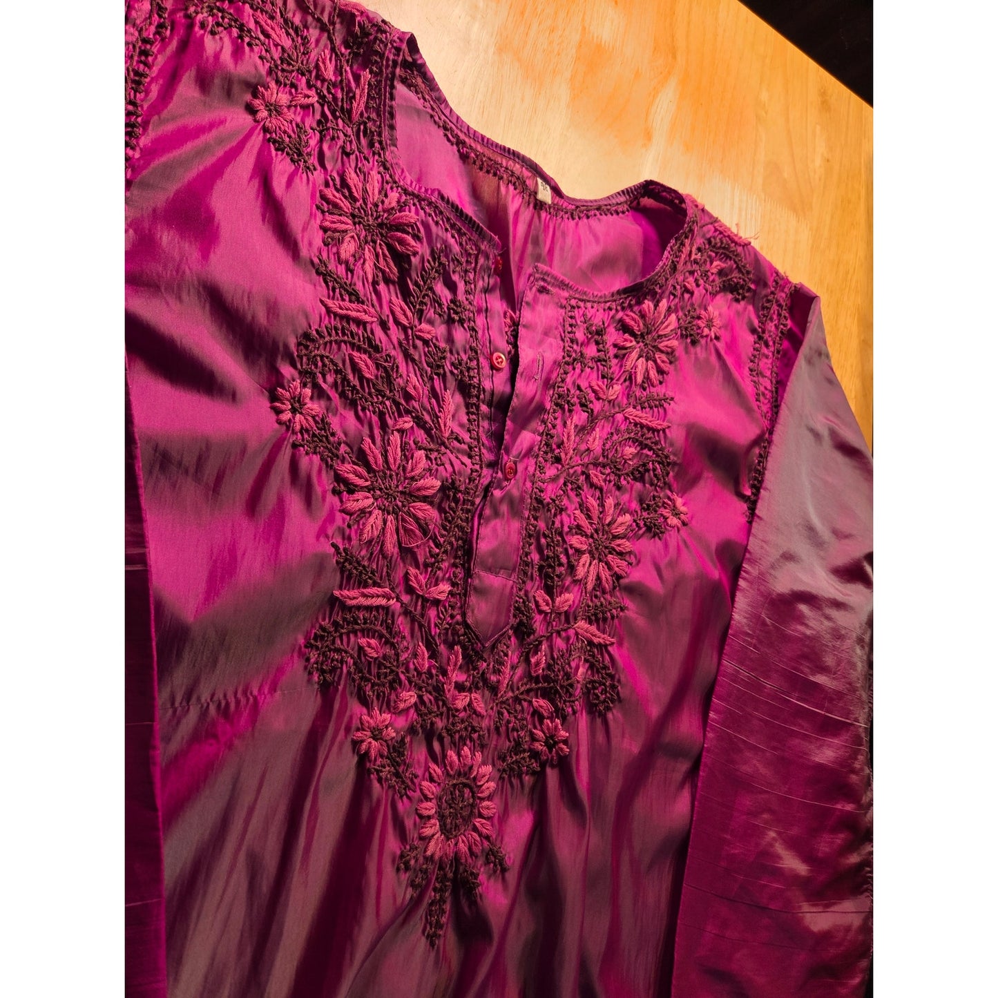 Satin hand Embroidered Iridescent Pink Heart Floral Motif Large Long Sleeve