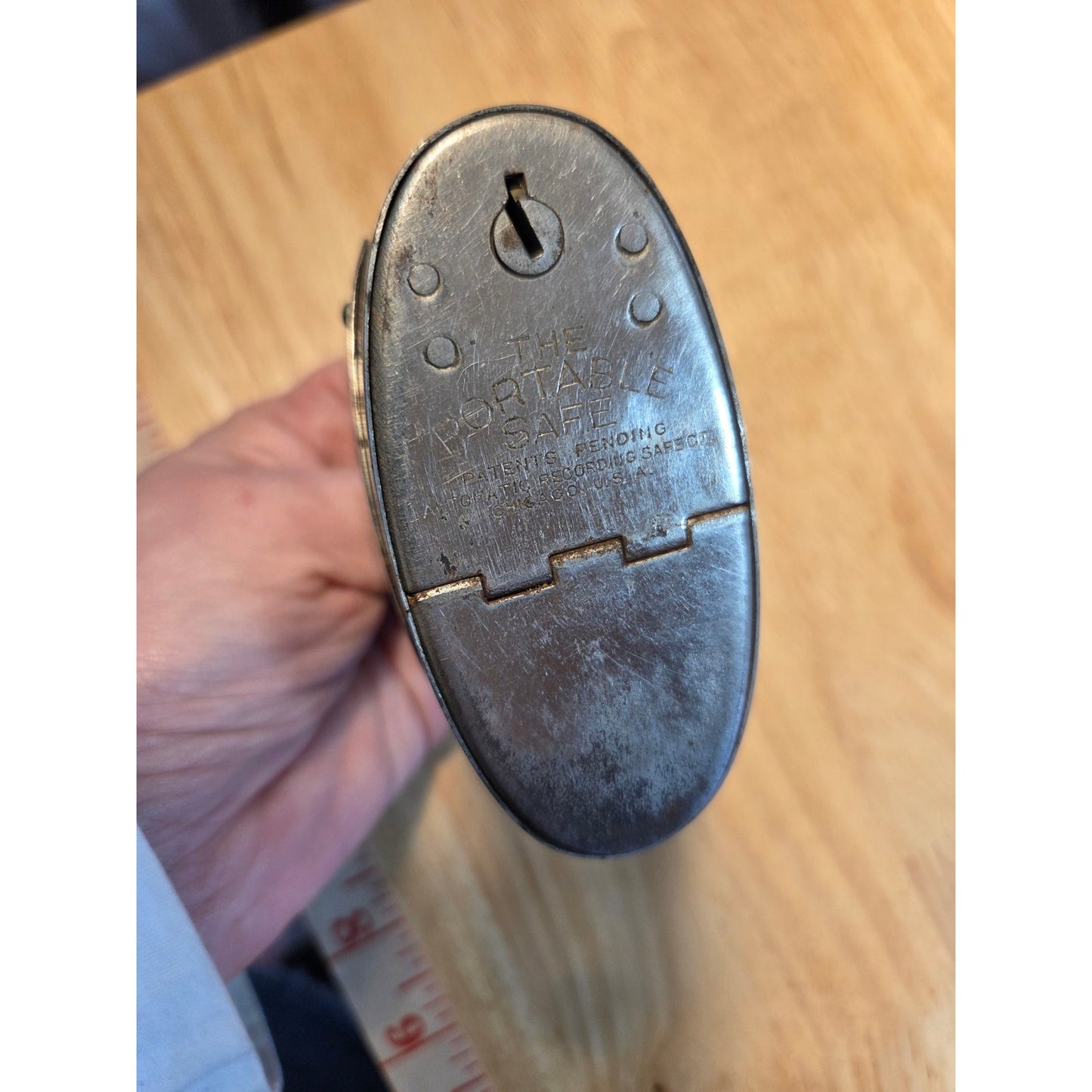 Vintage metal portable safe antique handle silver tone missing key