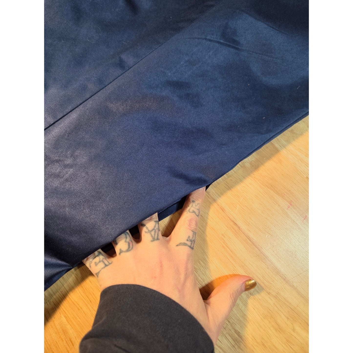 Bebe navy blue double breasted wide collar knee length Overcoat satin size sml