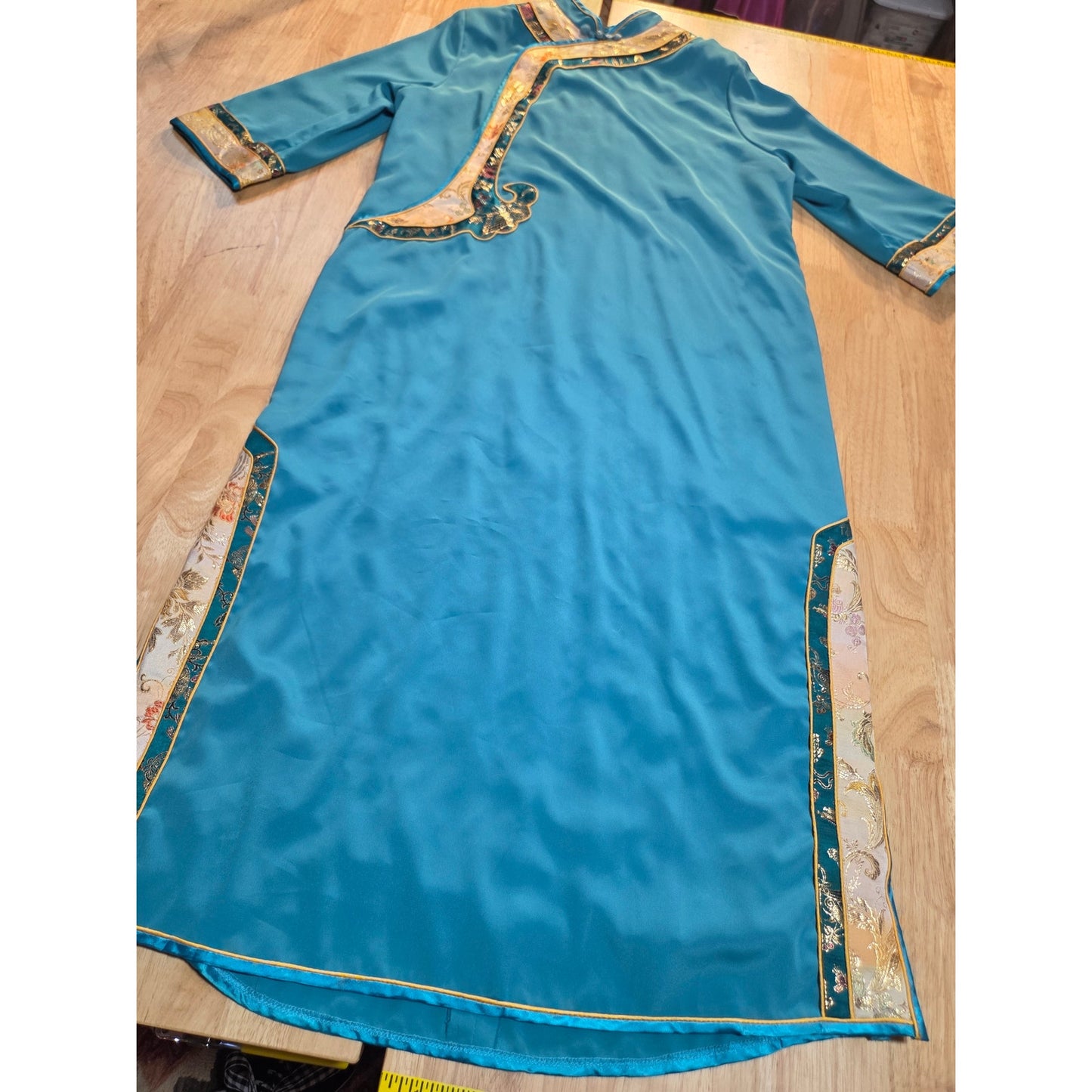 Turquoise blue Chinese traditional dress cap sleeve ornamental trim detail small