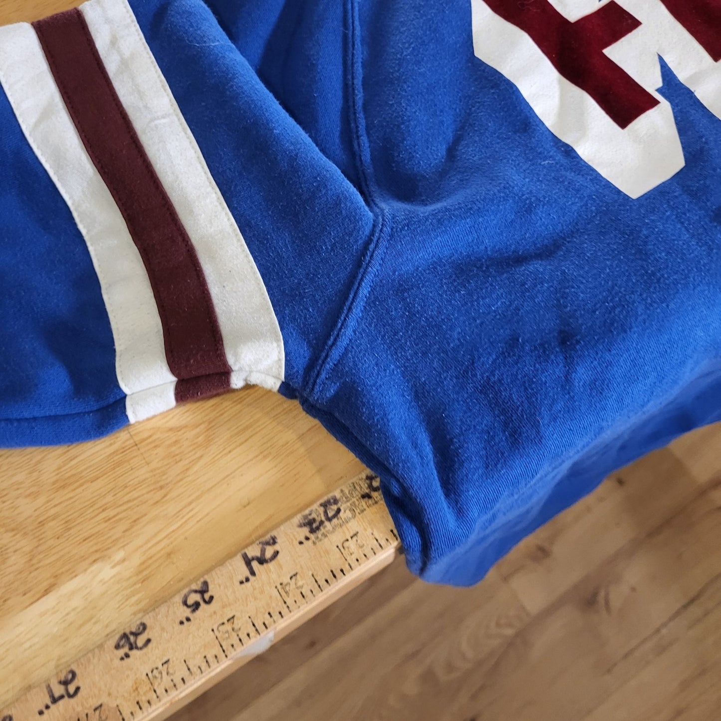 Old Navy Blue Sporty "FAR OUT" Crew Neck Sweatshirt Arm Stripe Detail red white