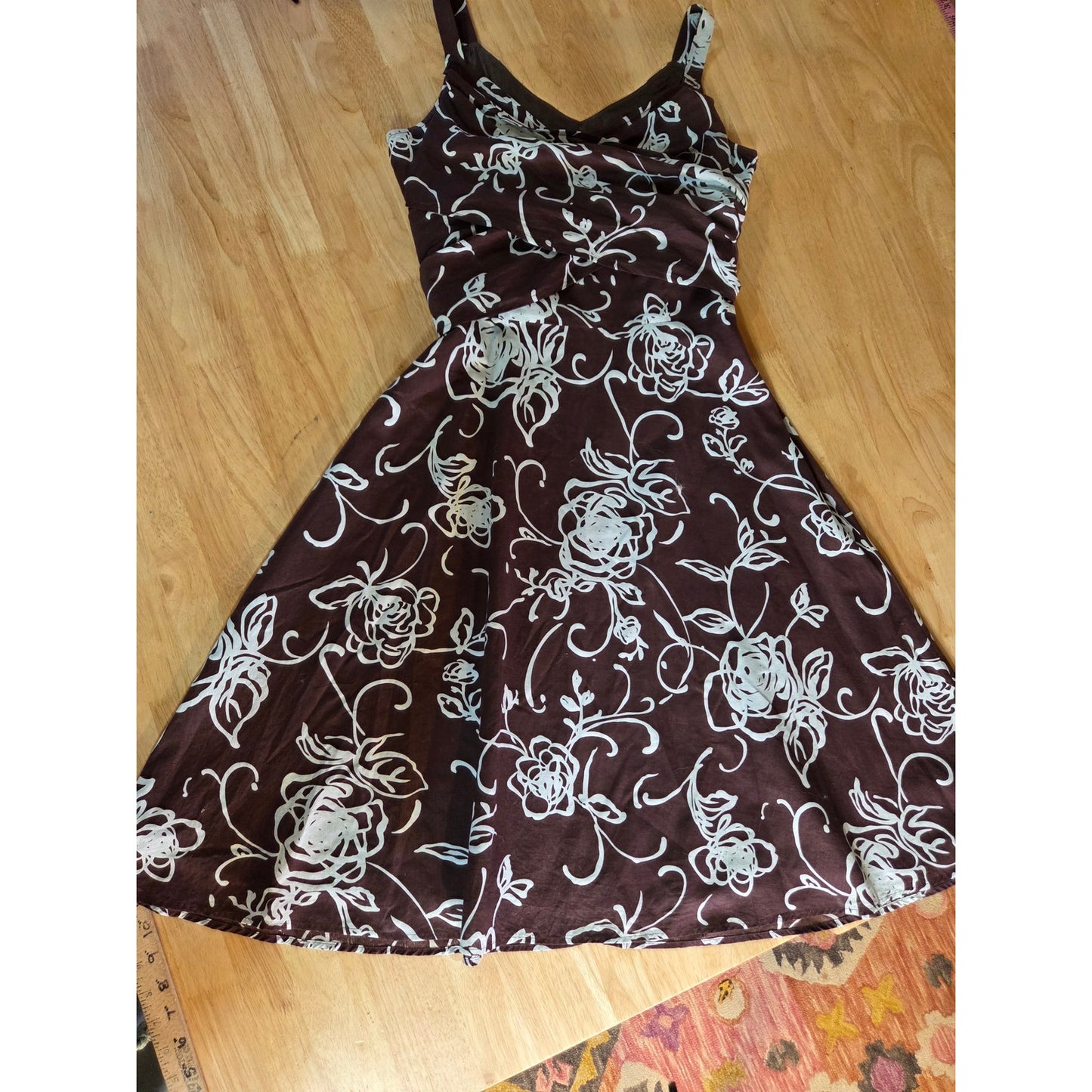 Biacci 100% cotton brown and blue floral sleeveless v-neck dress fully lined tie