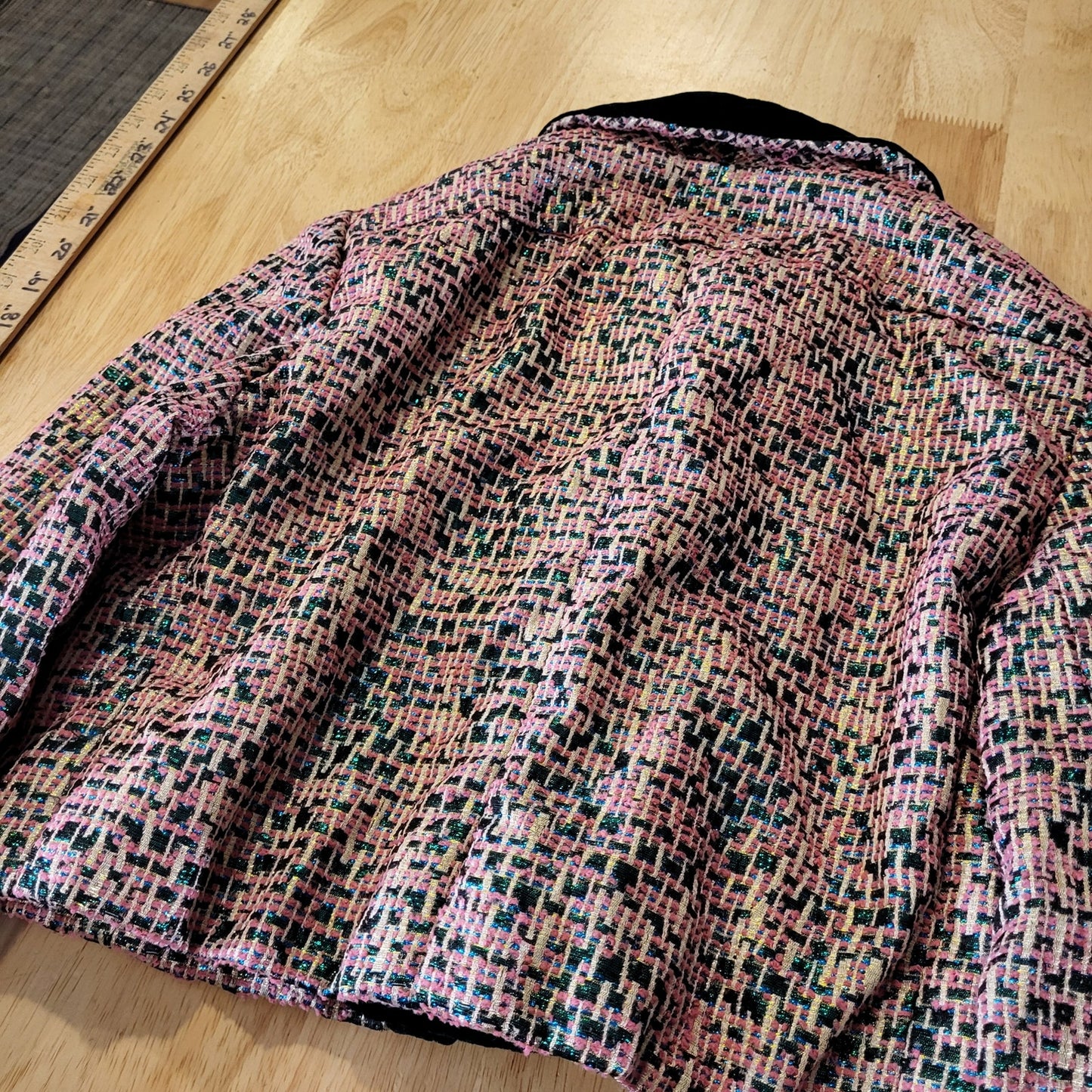Vintage Tweed Metallic Pink Shirt Coat Green Velvet Trim Rhinestone Buttons 16"
