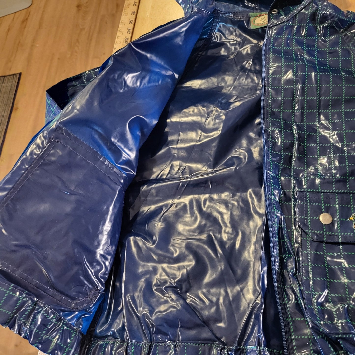 Banner House Asheville Kids Rubber Rain Coat Blue Check Duck Embroidery 20" P2P