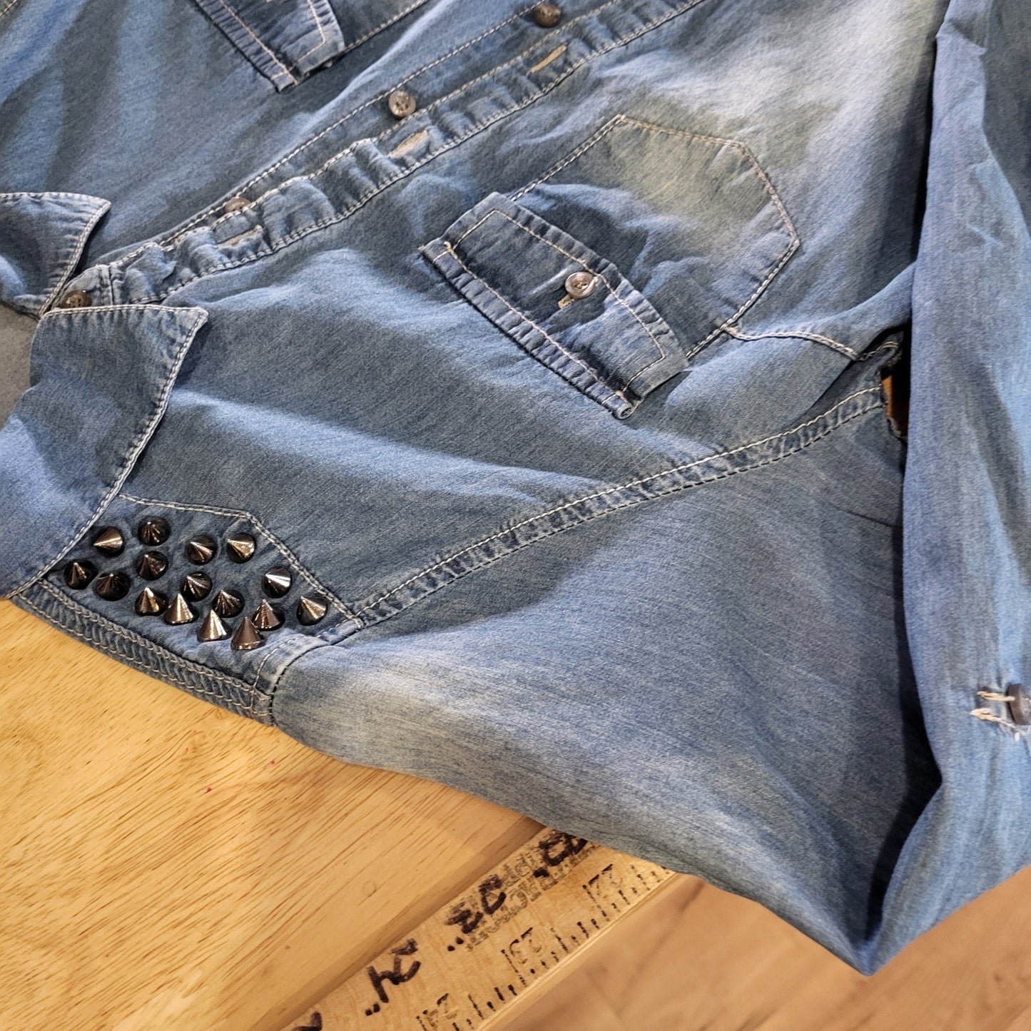 Charlotte Russe Size Medium Denim Button Down Collared Shirt Studded Shoulders