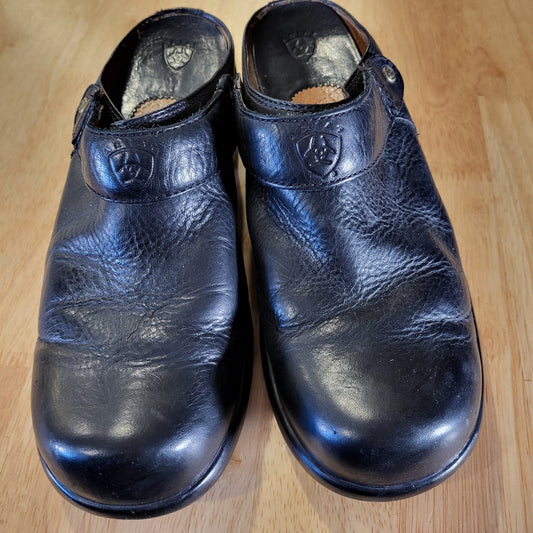 Ariat Black Leather Clogs Size 9 Gold Detail Rubber Grip Sole