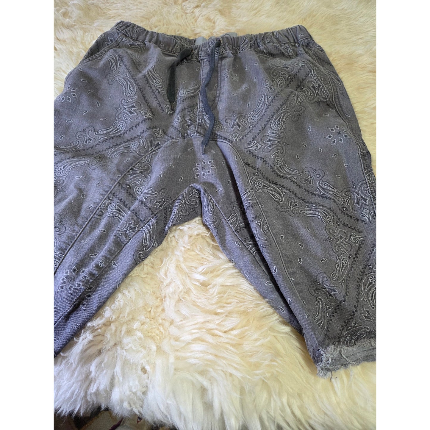Blacksmith GRAY Paisley Harem cut JEAN shorts elastic waist tie crop distress