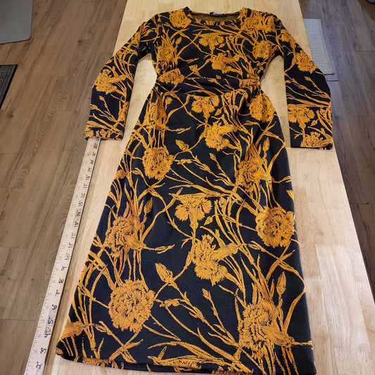 Zara Bodycon Yellow Floral Print Knit Stretch Waist Cutouts Midi Length
