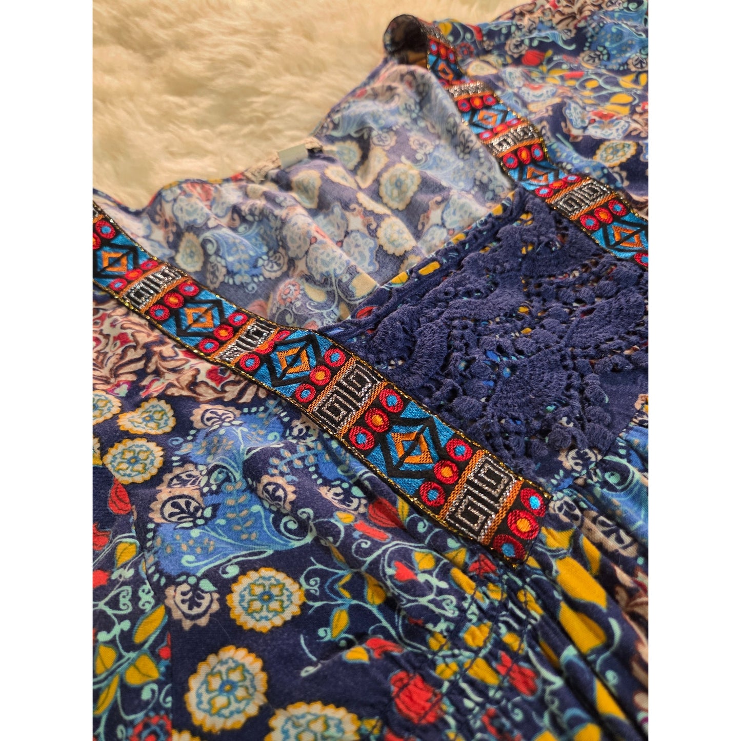 Live and Let Live colorful primary color blue Paisley red Mini dress small