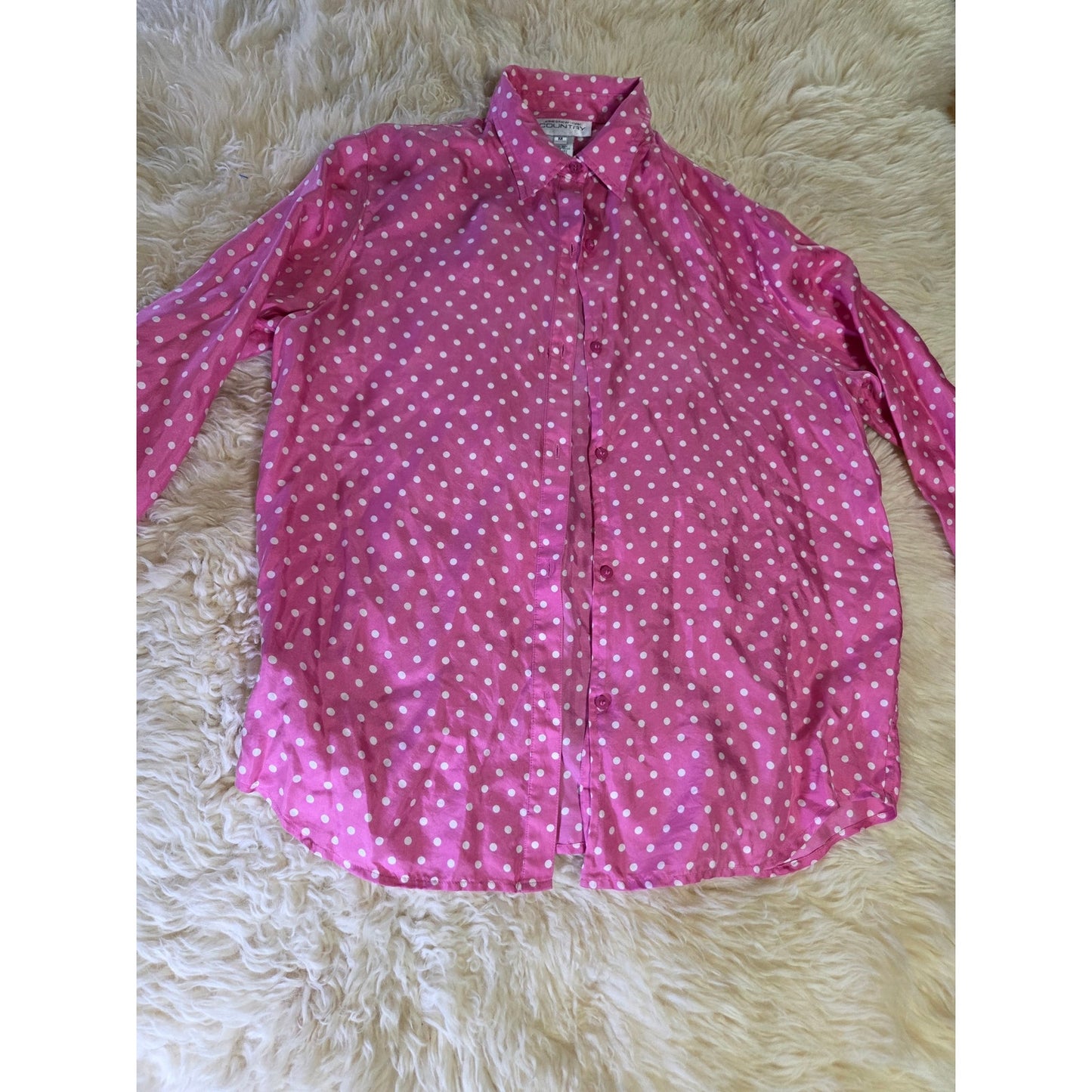 Vintage Jones New York Country PINK 100% Silk Polka dot Blouse Collared M